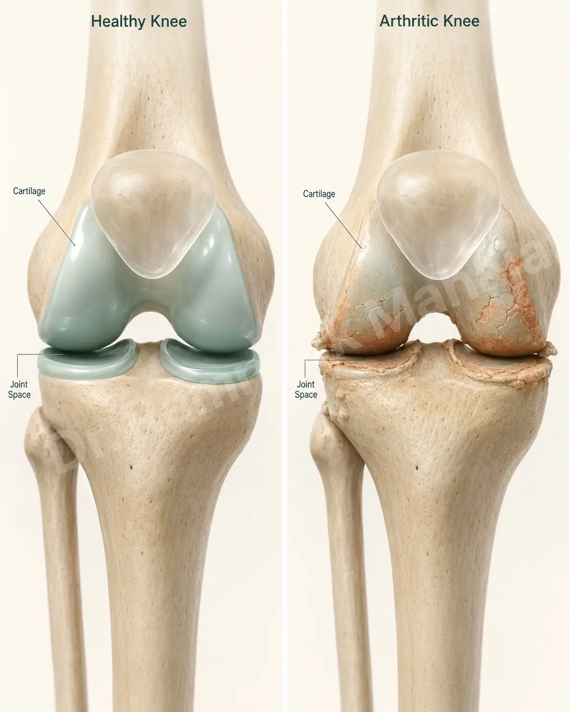 A healthy knee's smooth cartilage and open joint space versus an arthritic knee's worn cartilage and narrowed joint space.