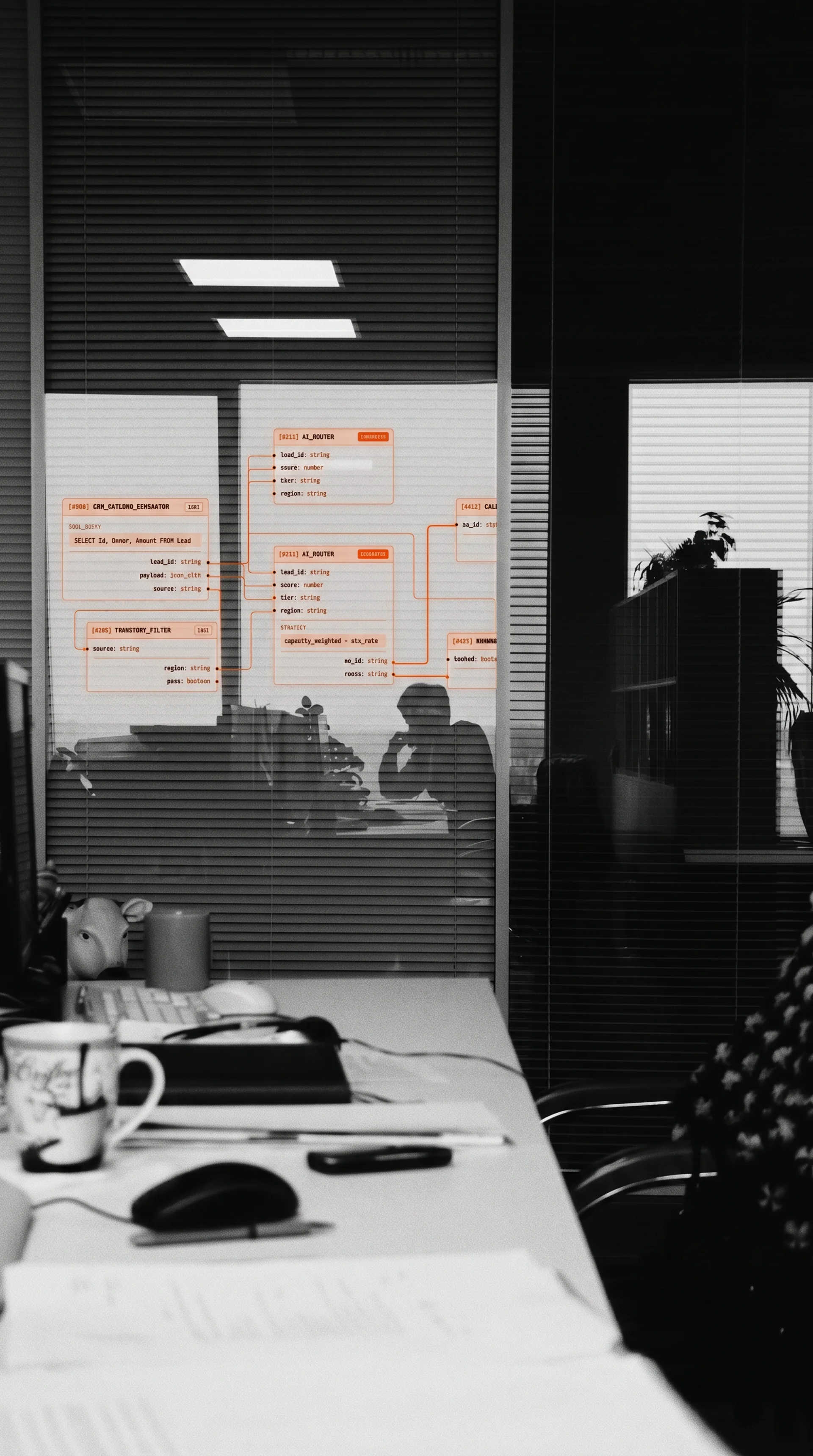 Dim office with a workflow board of orange notes on a glass wall