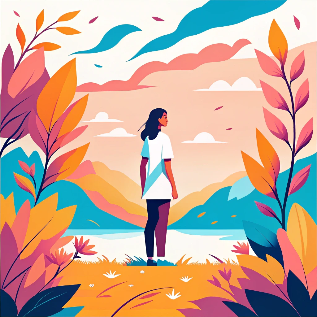 A colorful vector illustration of a woman standing on a hill surrounded by vibrant orange and pink leaves, overlooking mountains and a calm sky with drifting clouds, conveying a peaceful and inspiring atmosphere.