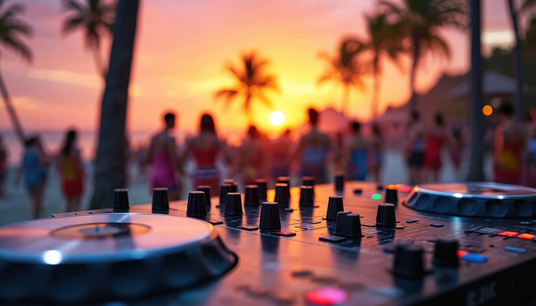 Close up of DJ decks while a party rages in the background - Fiji, Sunset