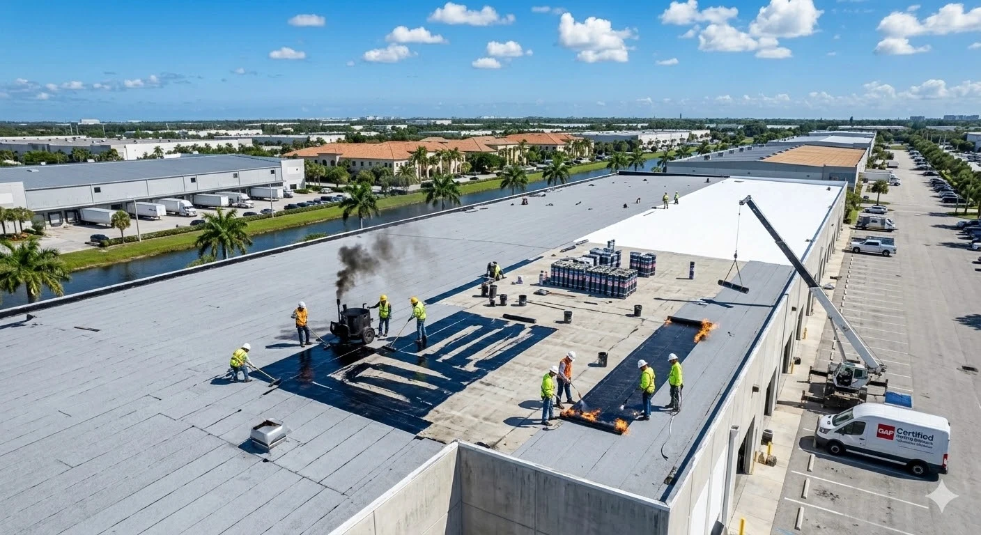 TPO roof overlay South Florida — commercial building white TPO membrane installation over existing roof by Roofing Network