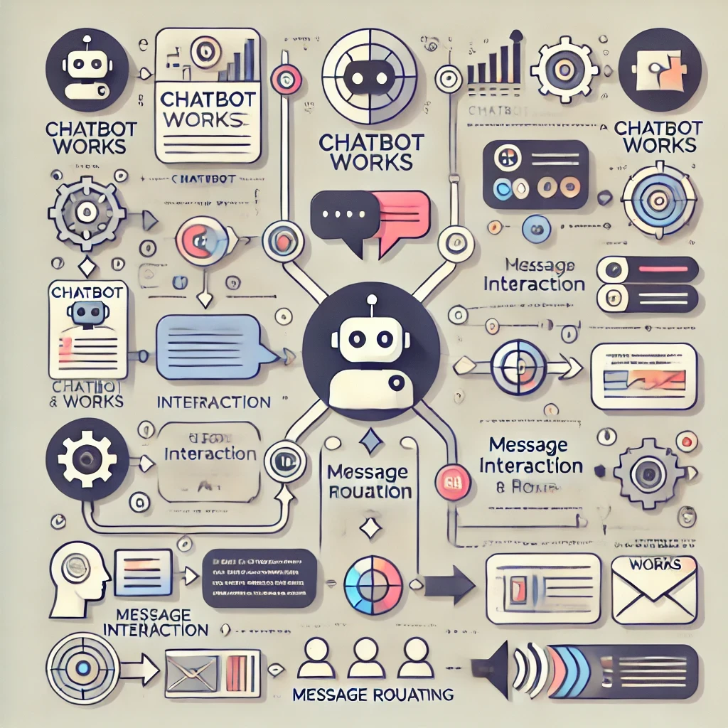 Diagrama de funcionamiento de chatbots: automatización de interacciones, gestión de mensajes y flujos de trabajo con inteligencia artificial. Soluciones de chatbots para empresas