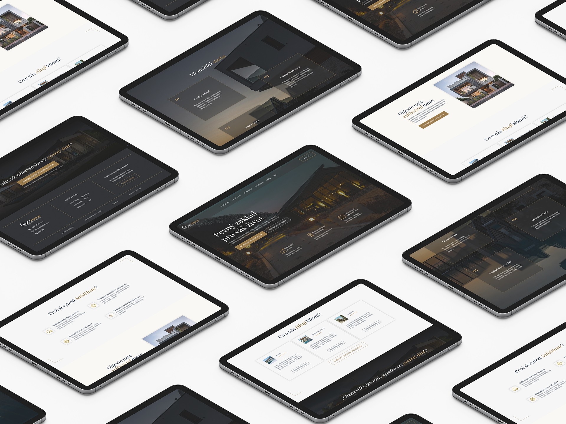 Náhled webdesignu SolidHome — prémiové domy na klíč, zobrazení sekcí stránek na ipadu.