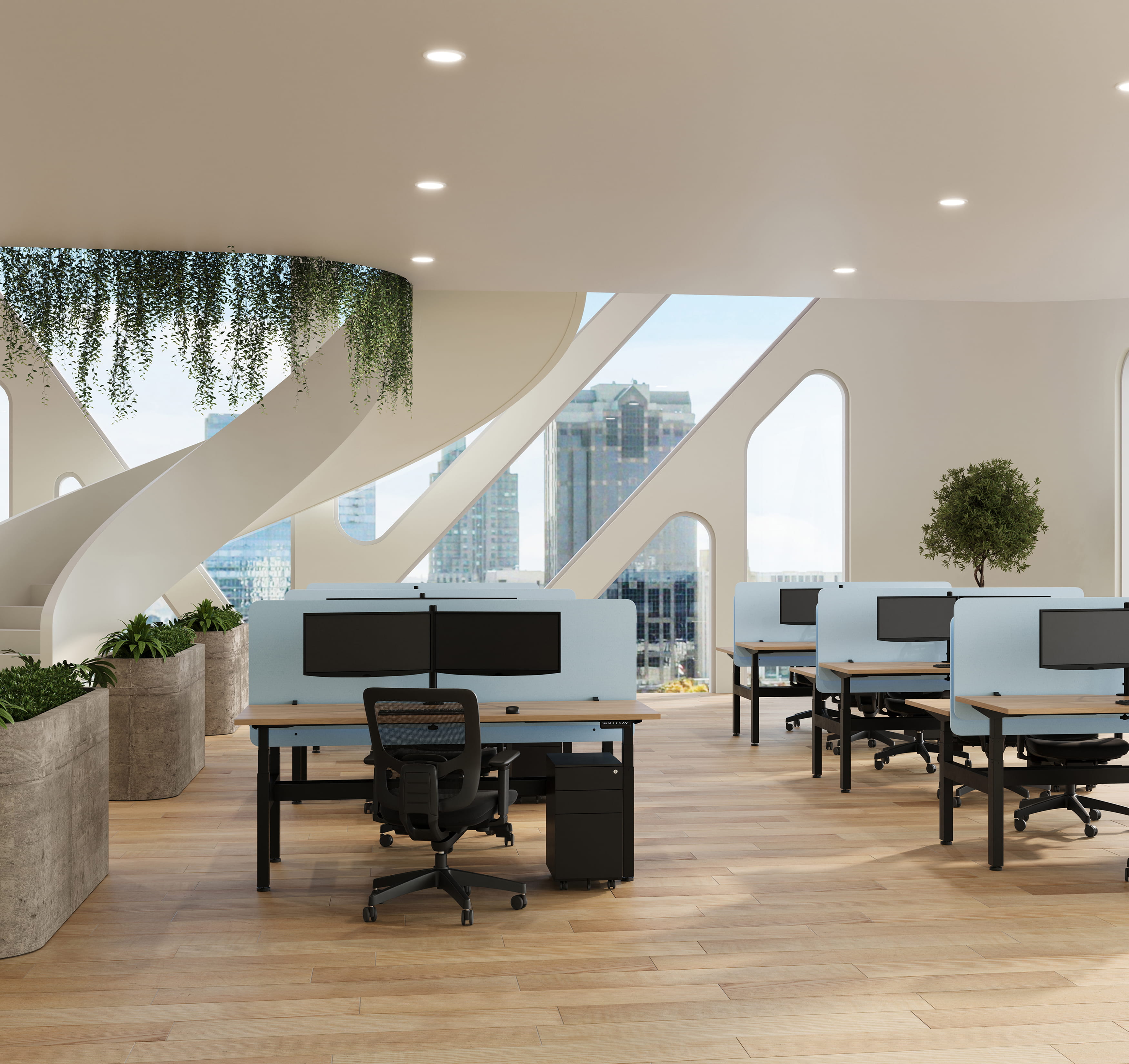 Modern office interior with workstations, chairs, and natural light with indoor plants