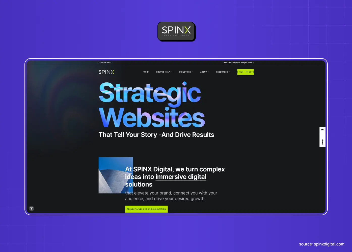 Dark-themed agency homepage showcasing strategic website design services with bold gradients, modern typography, and strong visual hierarchy.