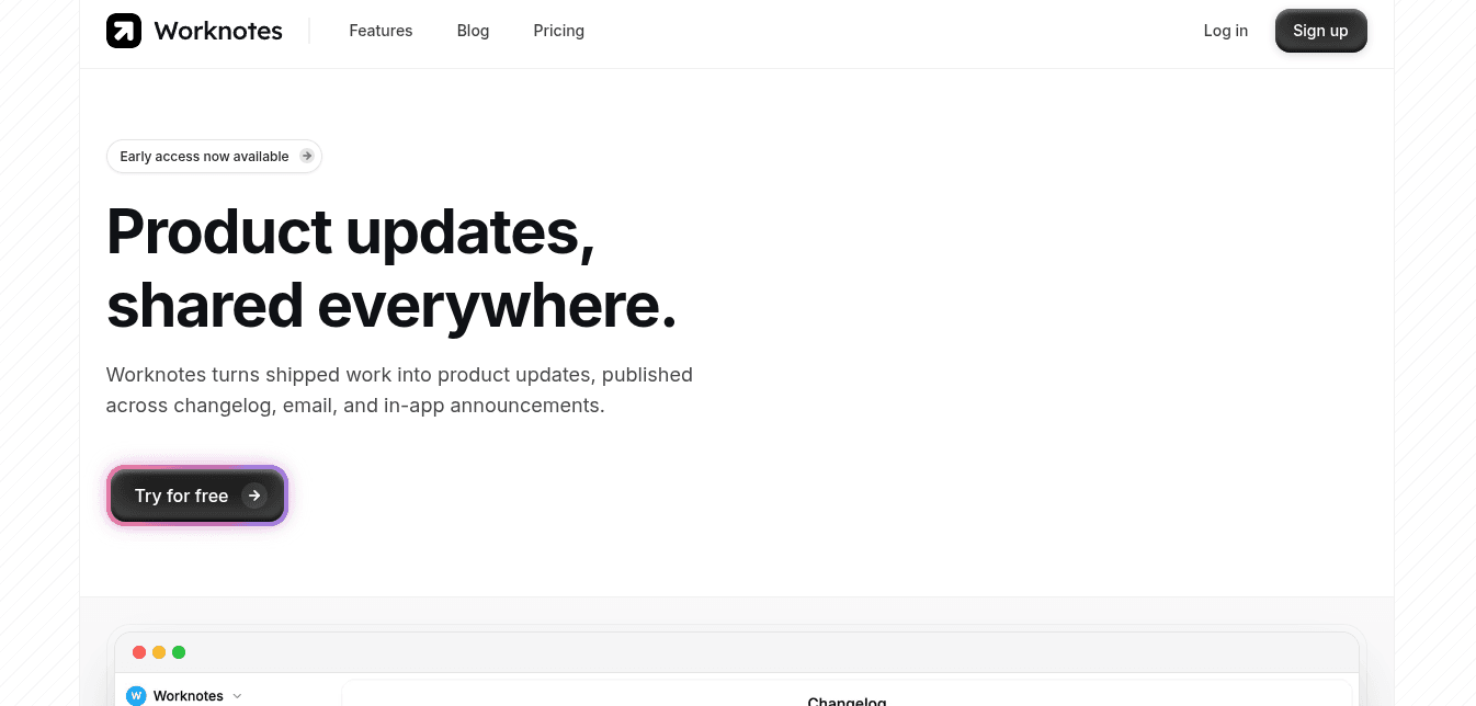 Worknotes homepage promoting AI changelog generation, email campaigns, and in-app announcements