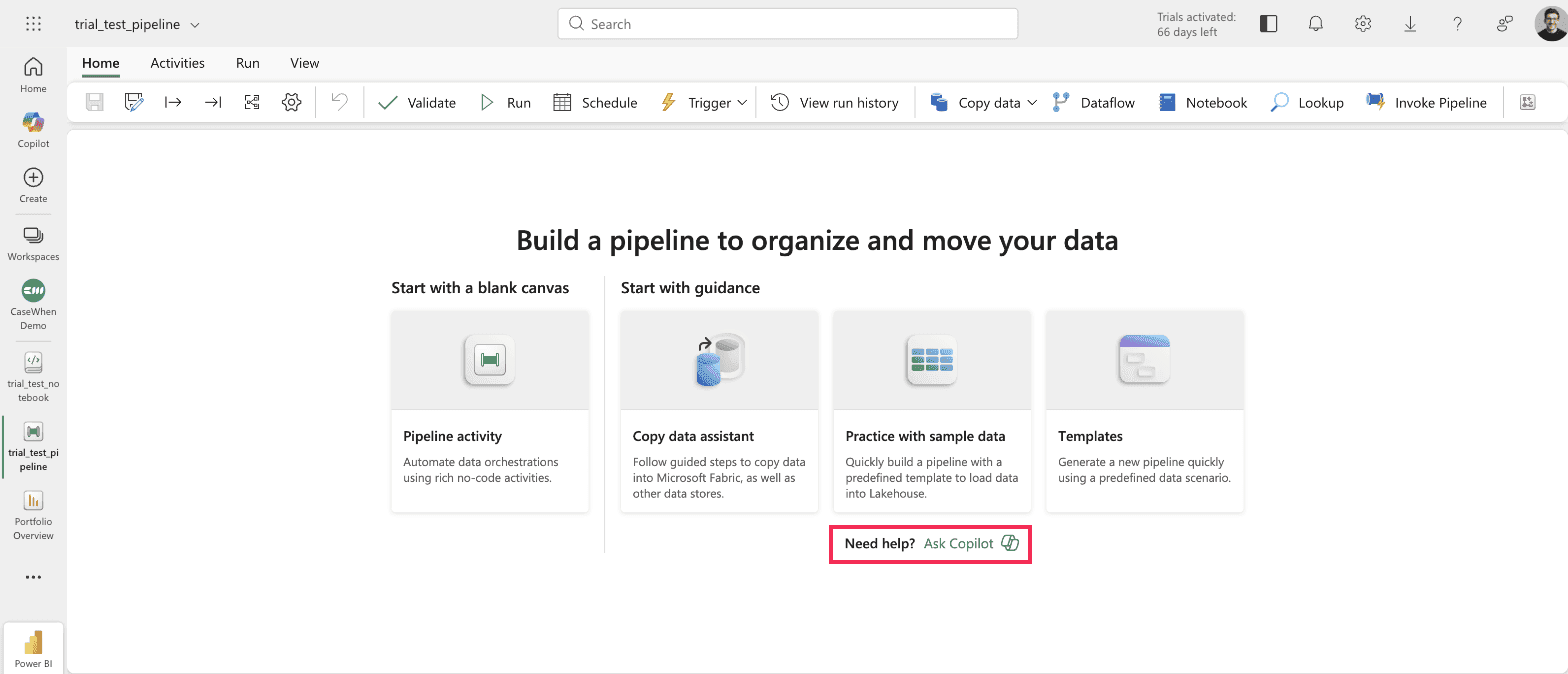 Fabric data pipeline start screen with the Need help? Ask Copilot link highlighted