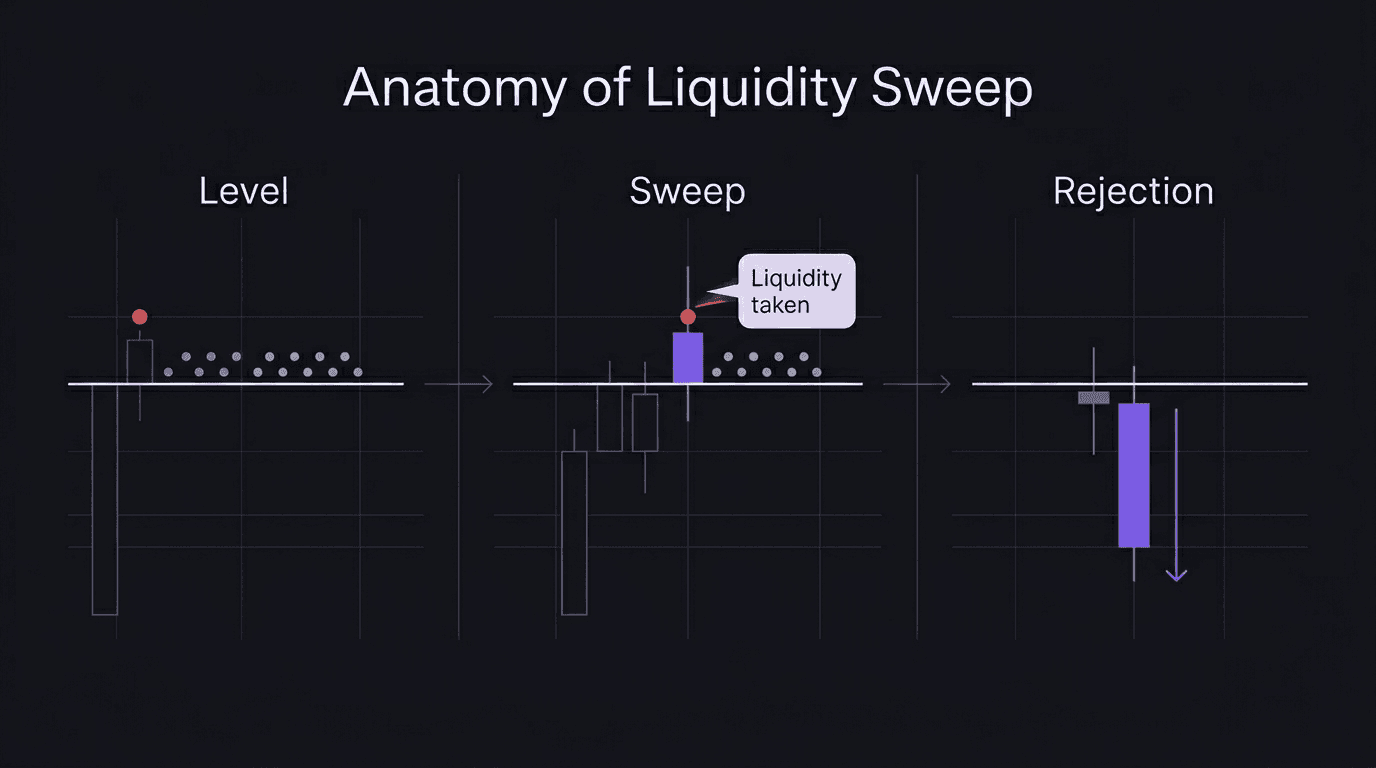 Anatomy of a liquidity sweep showing three stages: level with stop orders, sweep through the level, and rejection back below