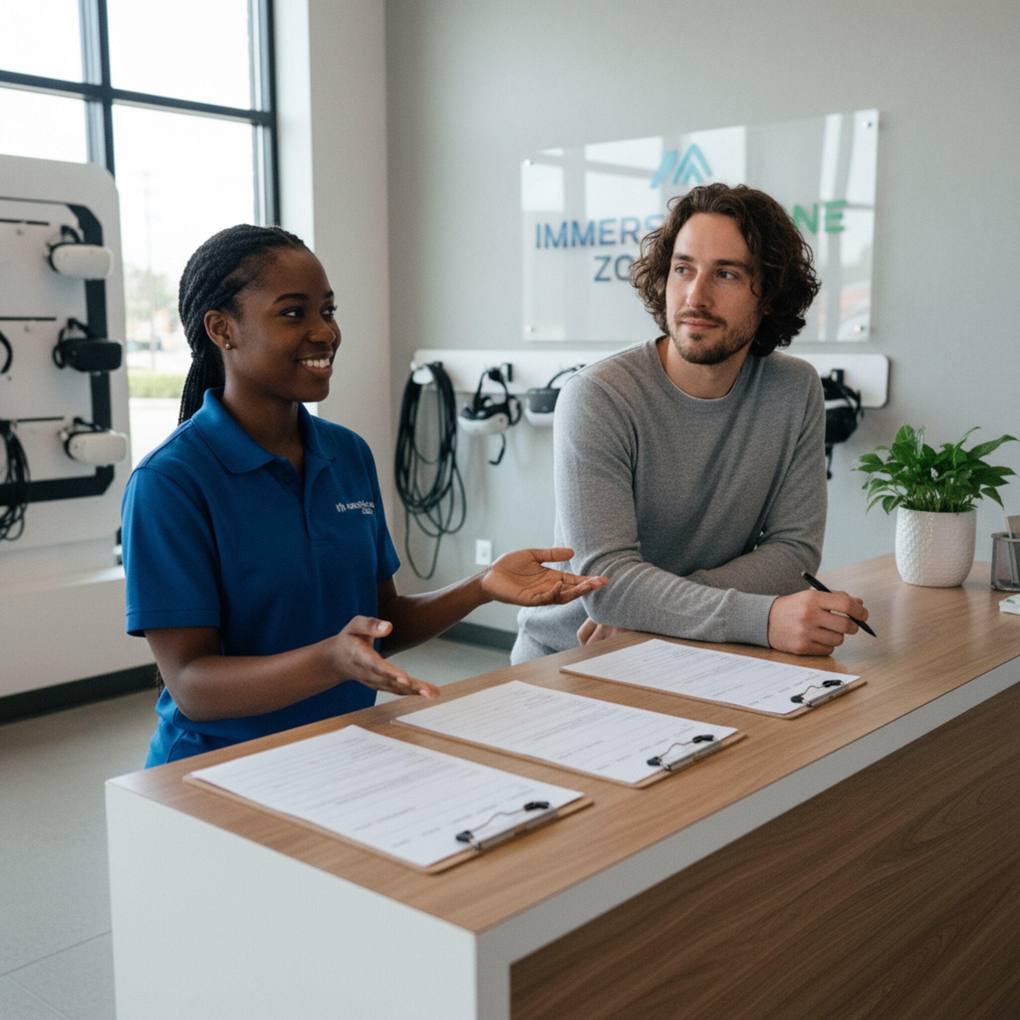 Am Empfangstresen liegen vorbereitete Einverständniskarten mit klaren Feldern für Namen und Datum. Ein Elternteil bestätigt ruhig die Teilnahme, während ein Teammitglied freundlich erklärt. Helles, neutrales Licht sorgt für Klarheit. Der Bereich wirkt aufgeräumt, verlässlich und seriös.