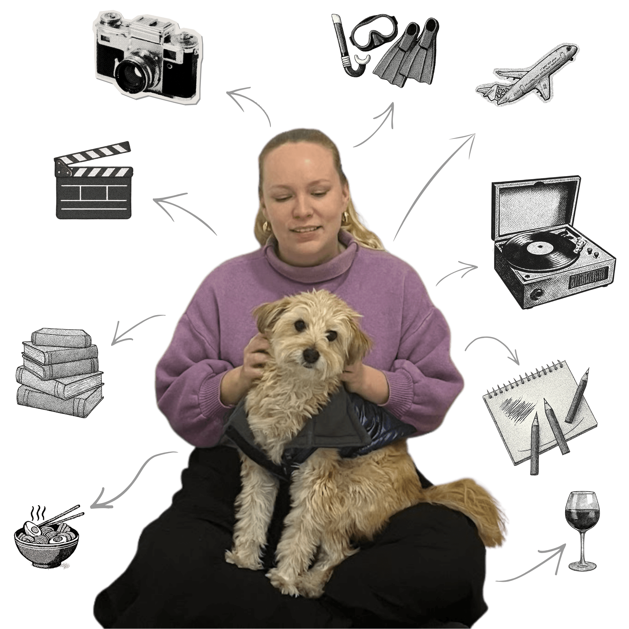 Portrait of the designer in a purple sweater with a dog, surrounded by illustrated hobby icons.