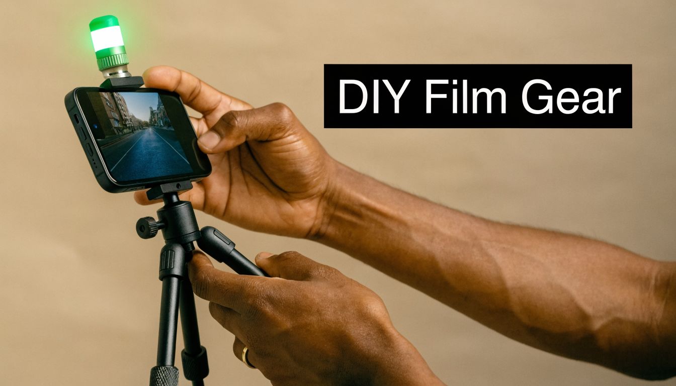 A close-up view of a person mounting a small green LED light onto their smartphone tripod setup.