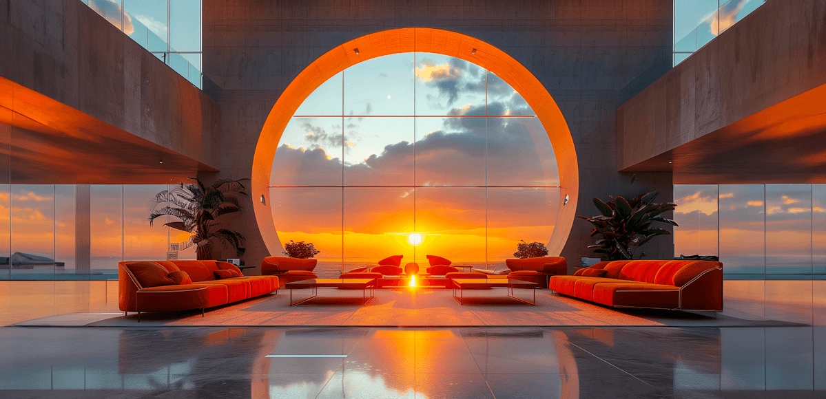 Luxurious modern living room with vibrant orange furniture, large circular window, and stunning ocean sunset view.