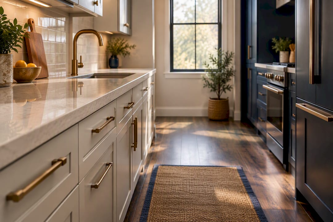 Light finishes visually widen a galley kitchen