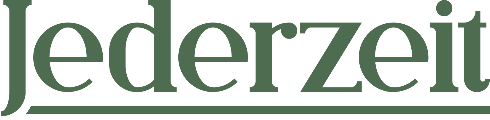 Jederzeit Café Logo in dunkelgrüner Schrift auf schwarzem Hintergrund, mit einer Unterstreichung.