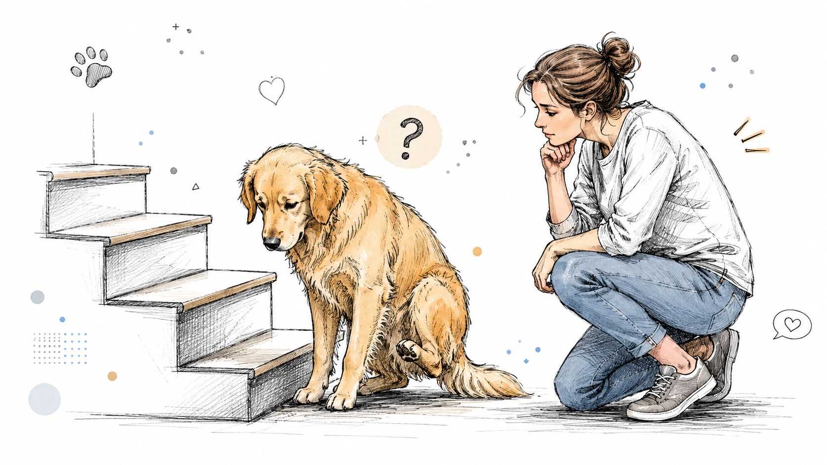 A concerned woman crouching beside her Golden Retriever who is struggling to climb the stairs due to pain.