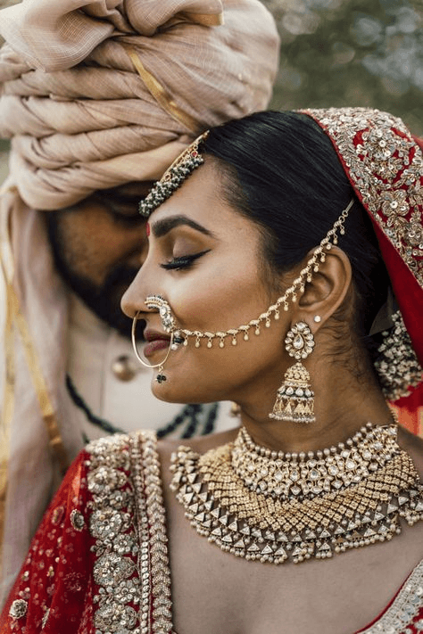 Artistic close-up of a bride in traditional attire with her groom, highlighting ornate jewelry and soft expressions. Ideal for fine art wedding photography that celebrates elegance and connection.