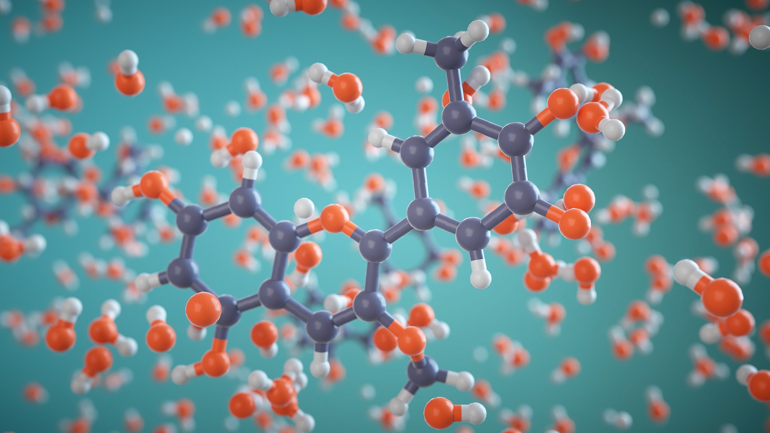 3D render of flavin molecule in ball and stick representation in basic solution
