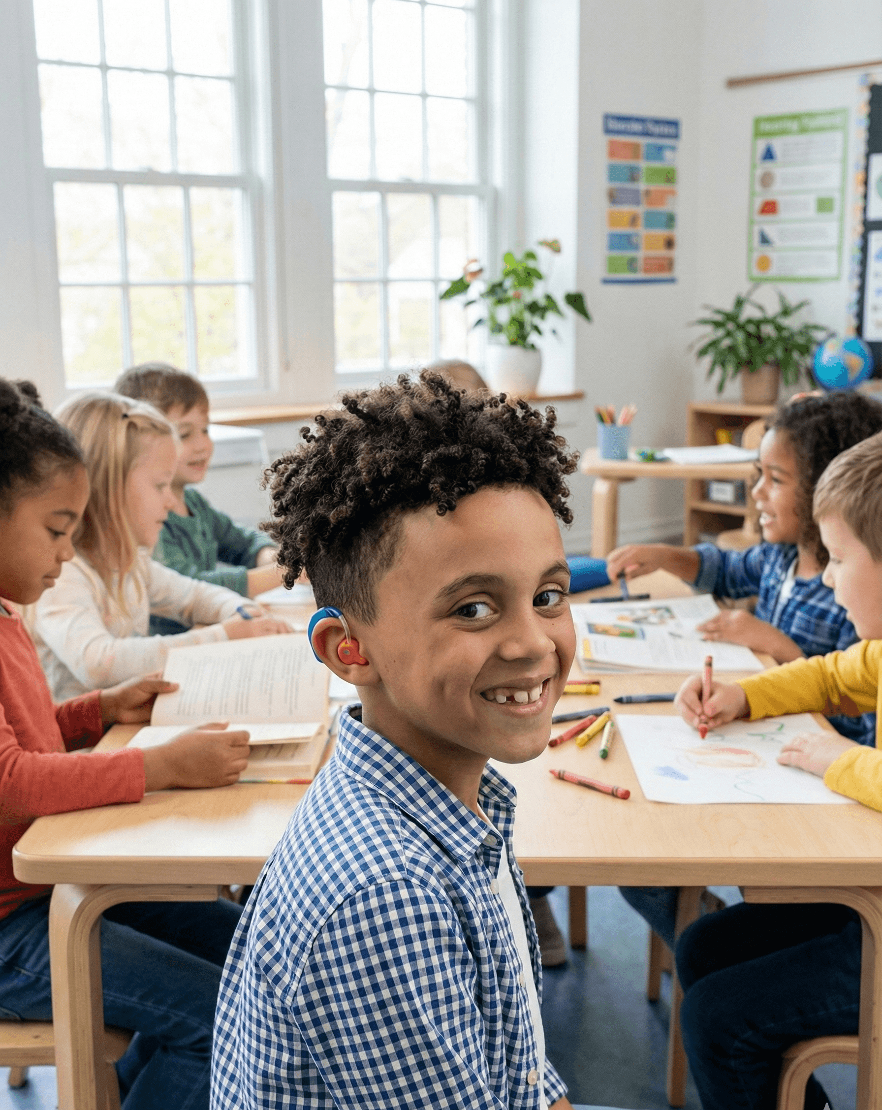 Enfant portant des aides auditives colorées, souriant en classe et écoutant son enseignante