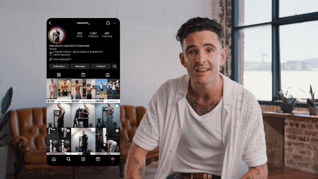 Tom Noske wearing a white shirt with an instagram post behind him