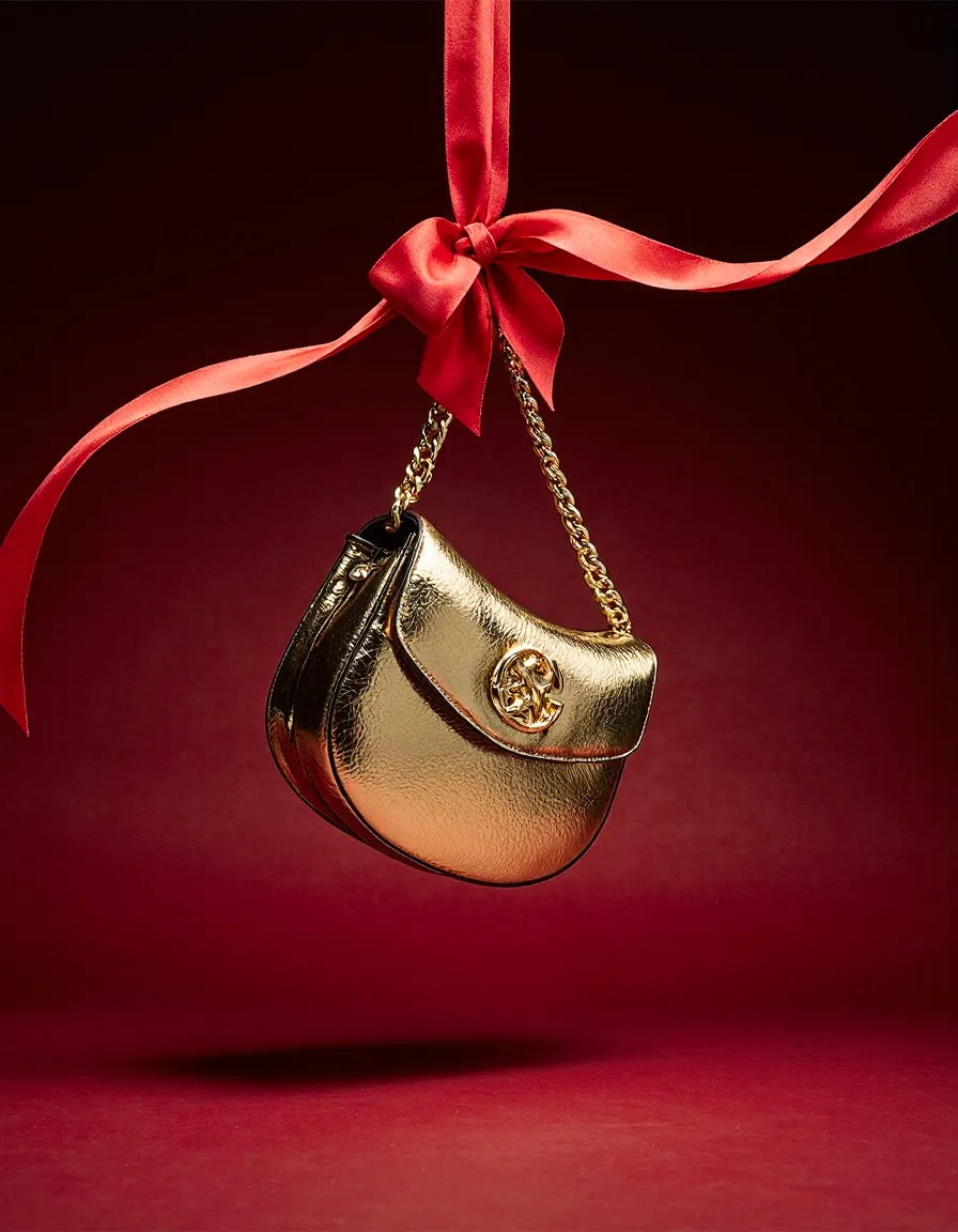 Gold metallic handbag hanging from red satin ribbon bow against burgundy red background