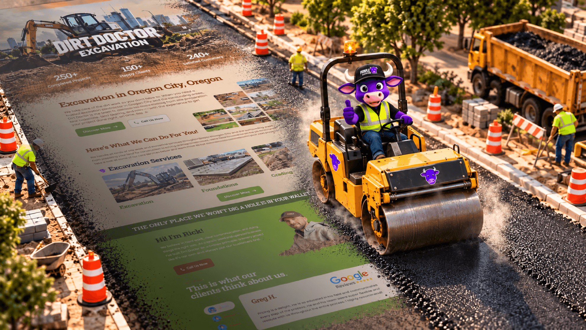 Purple Cow Brands mascot driving heavy machinery alongside custom website portfolio layout for local Dallas businesses.
