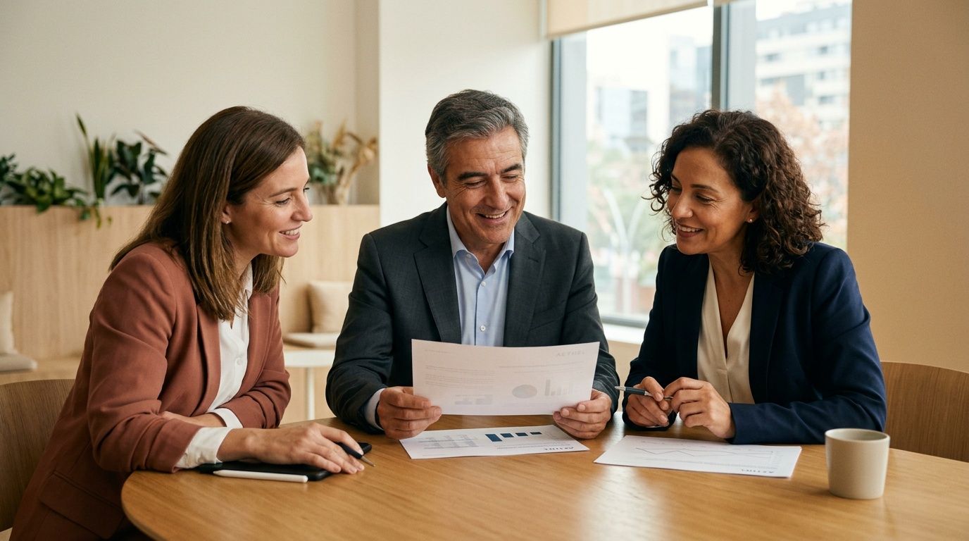 Tres profesionales sonrientes, dos mujeres y un hombre, revisando documentos y gráficos en una mesa de oficina, colaborando.