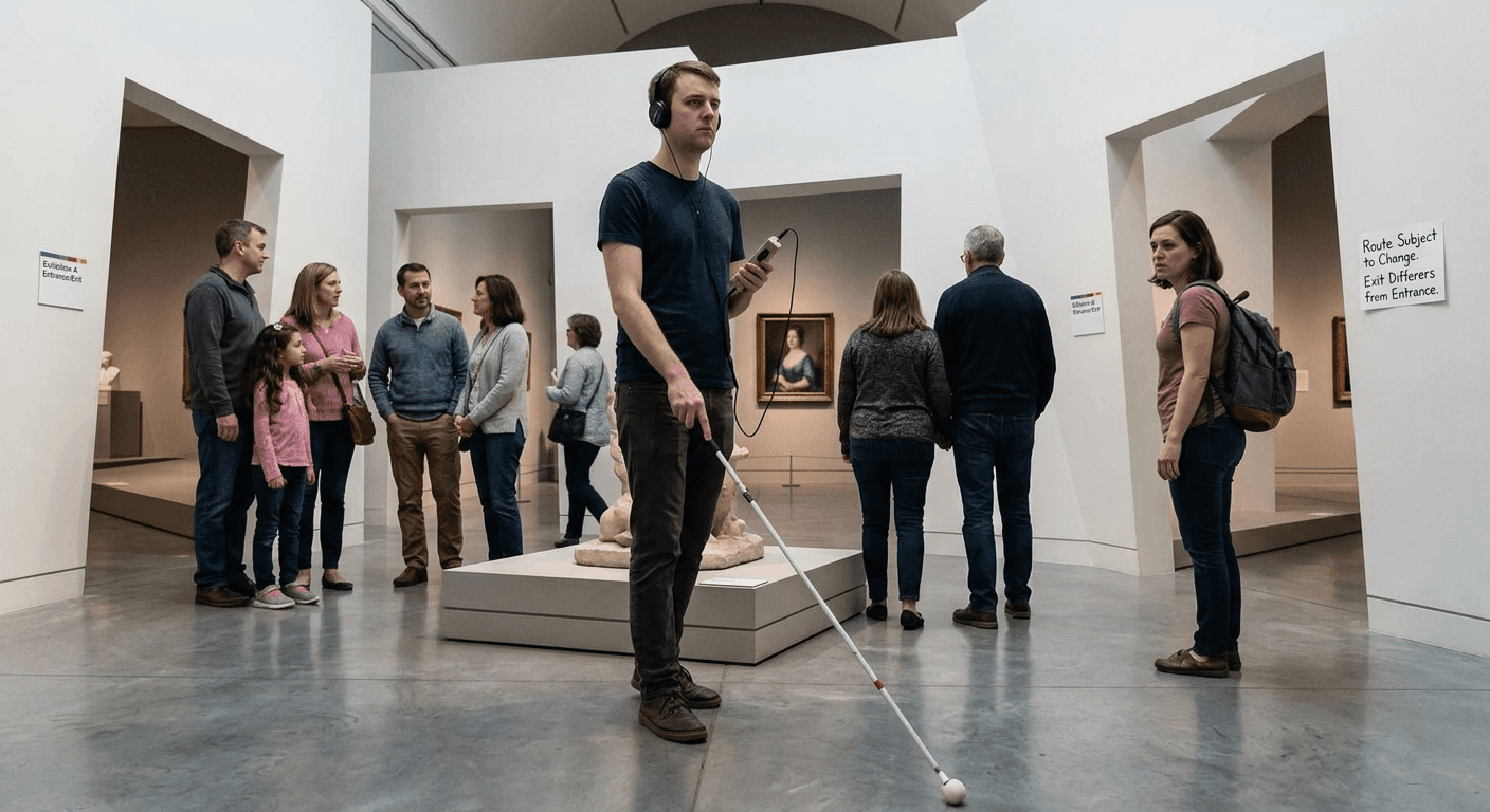 Person using an audio guide and touching a painting of a woman in a blue gown at a museum gallery.