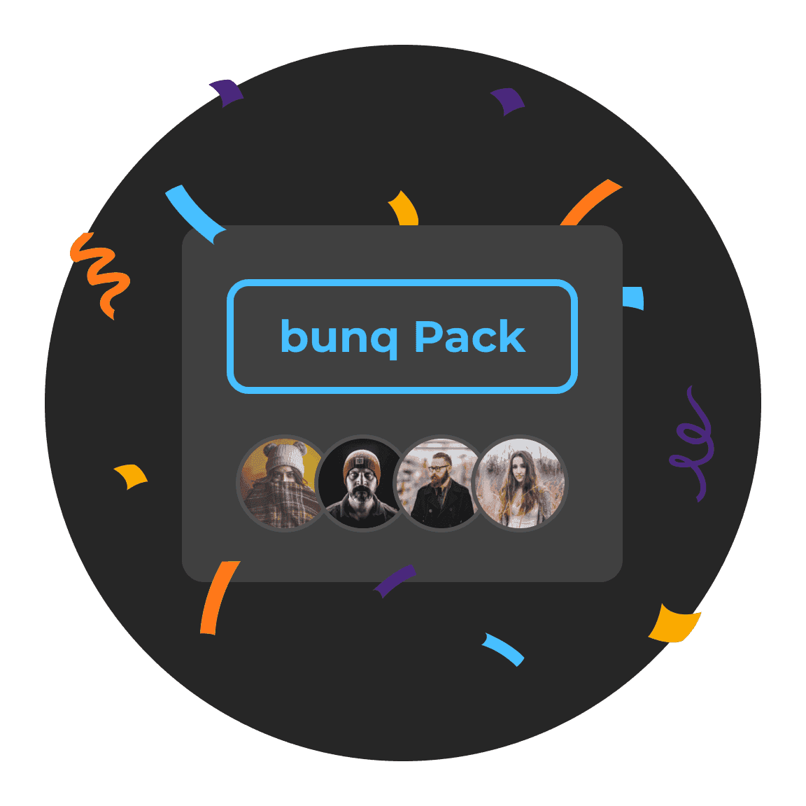 Een grafische afbeelding met een "Young Pack"-label, omringd door kleurrijke confetti op een donkere achtergrond.