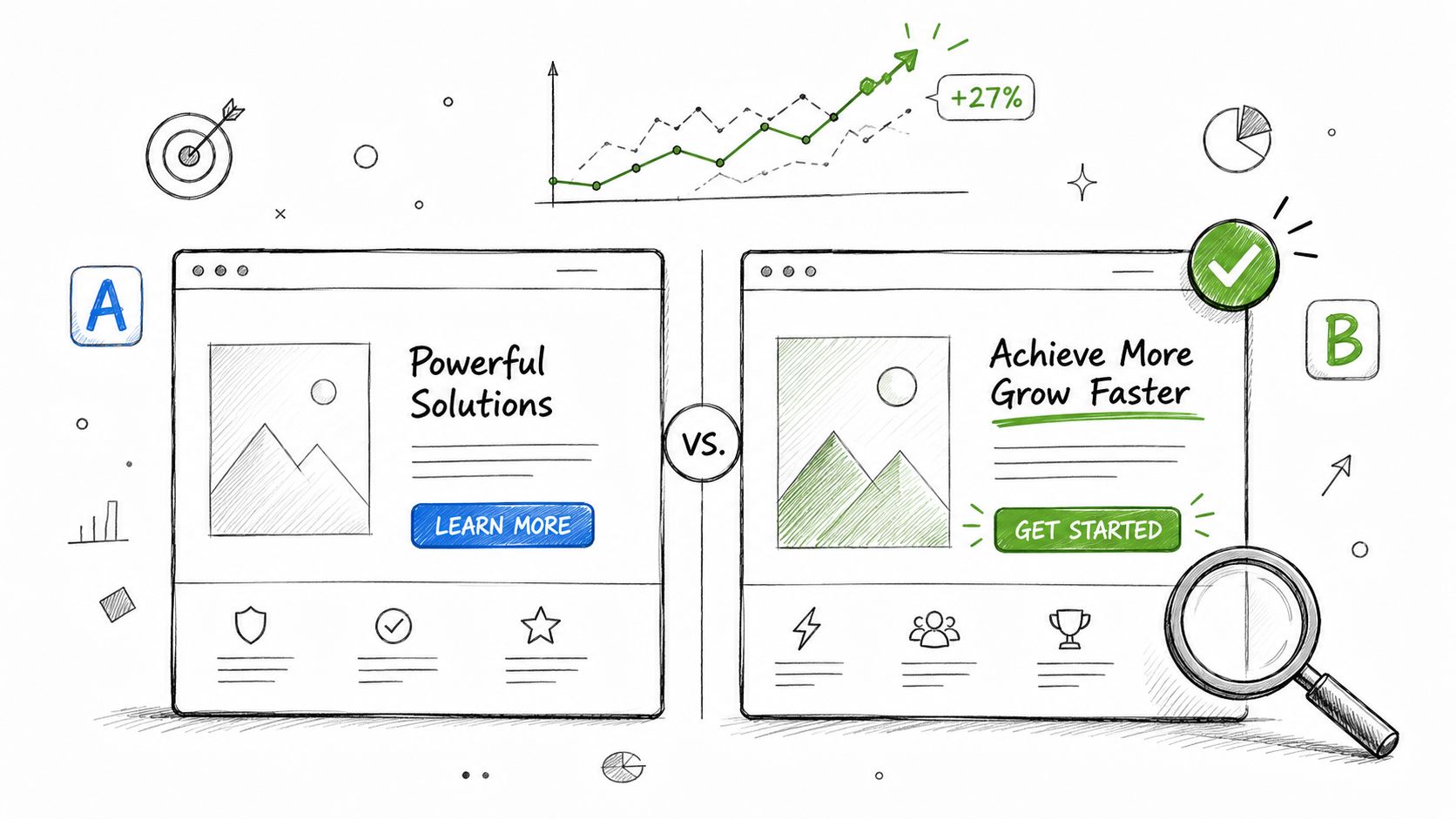 A conceptual illustration comparing two website landing pages for A/B testing in growth marketing strategy.