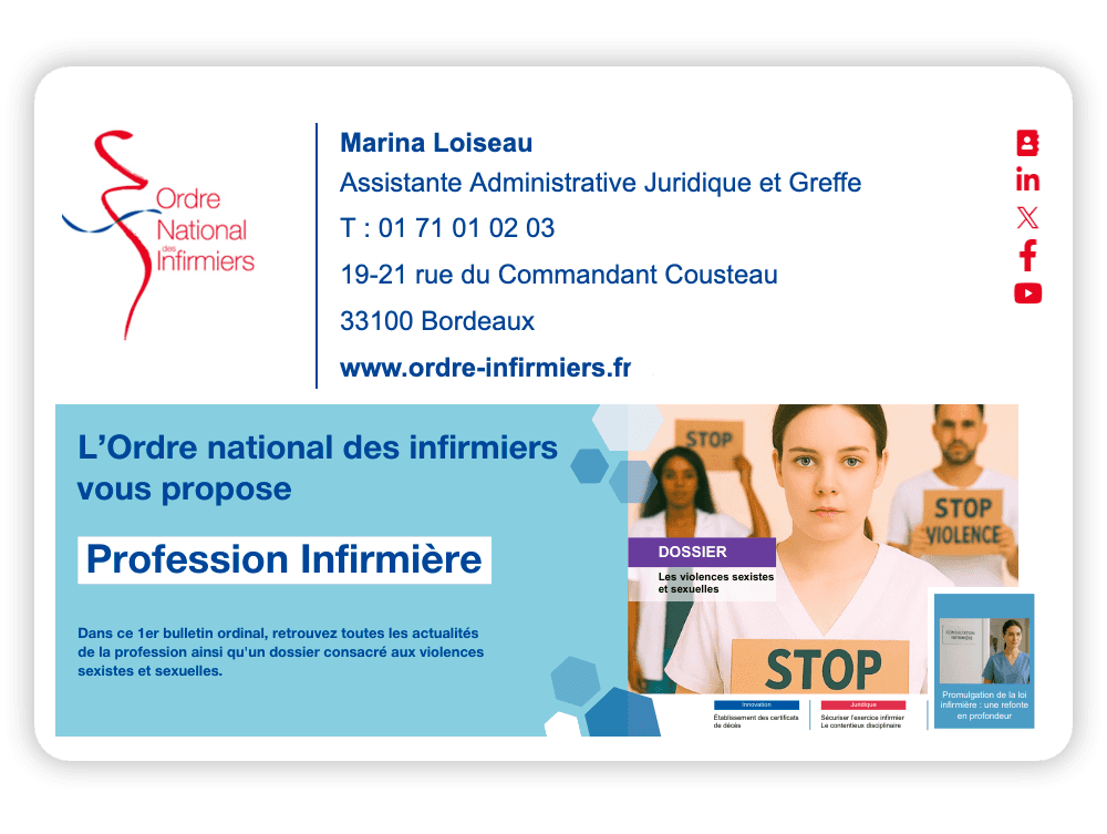 Exemple de rendu de singnature email. L'Ordre National des infirmiers utilise et recommande Sigilium pour la gestion des signatures email.