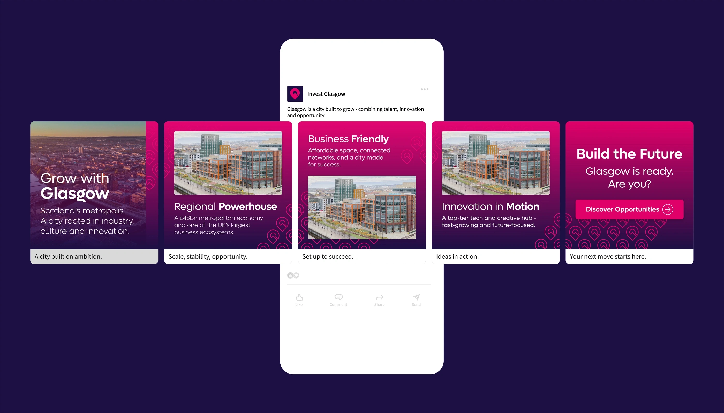 Mobile phone with examples of Social Media campaign for Invest Glasgow