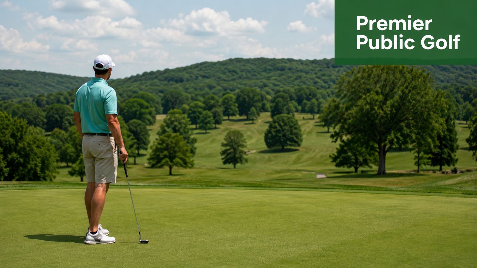 A golfer in a teal shirt standing on a green course with rolling hills in the background.