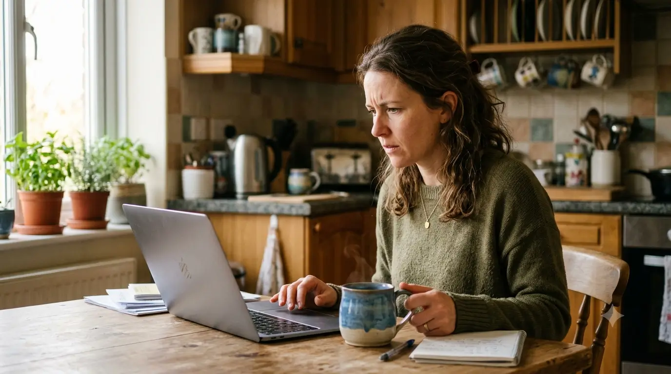 A host reviews her Airbnb pricing on a laptop at her kitchen table ahead of the 2026 single service fee deadline.