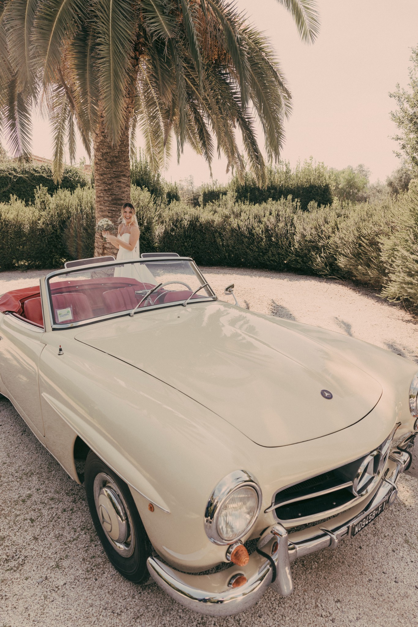 Sposi su Mercedes d'epoca bianca decappottabile a Bolgheri, tra palme e viale dei cipressi, reportage matrimoniale in Toscana