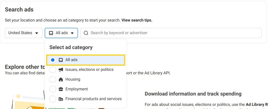 The Meta Ad Library with the country set to United States and the Ad category menu open, All ads selected