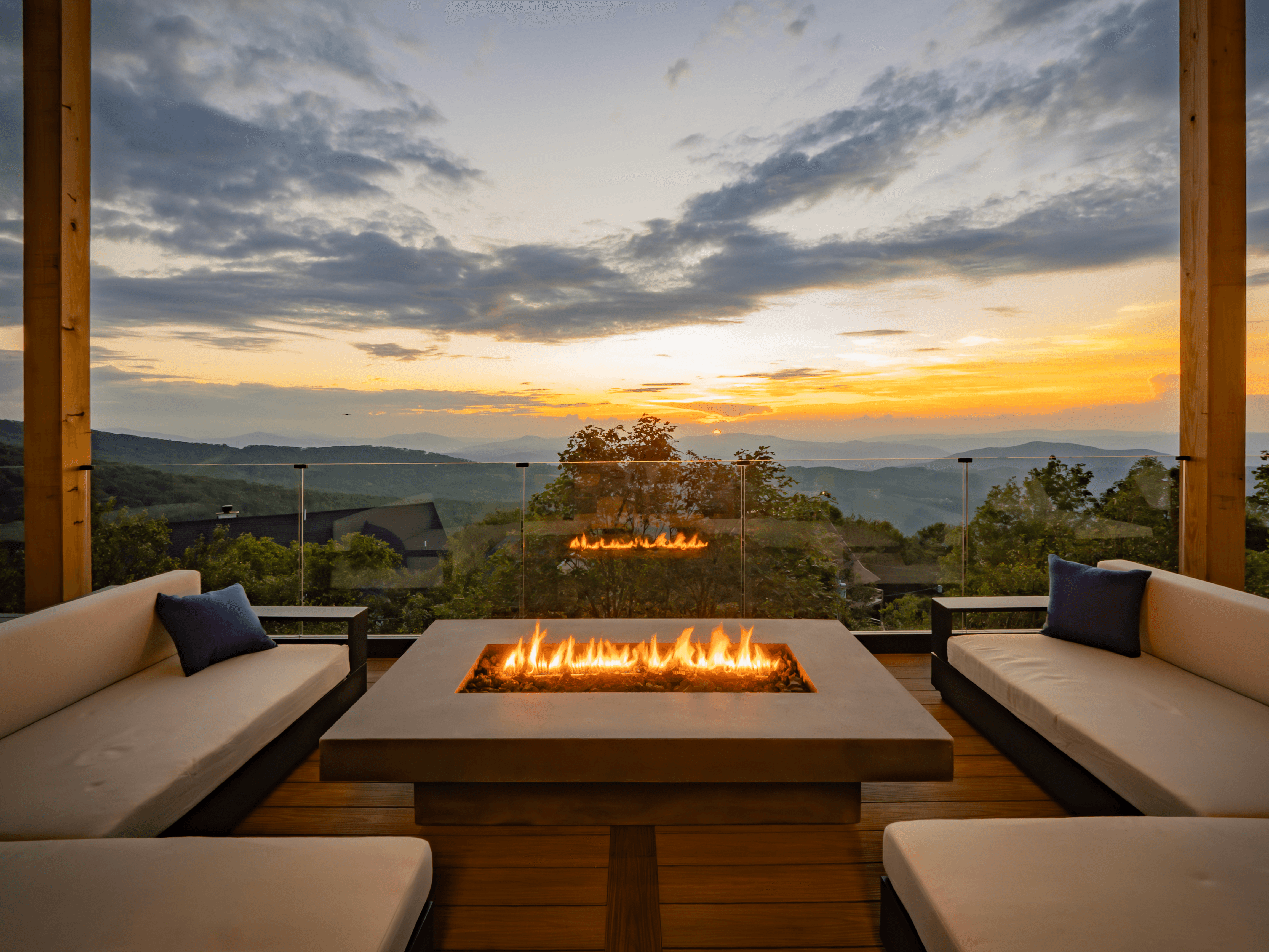 beautiful sunset on the deck with firepit