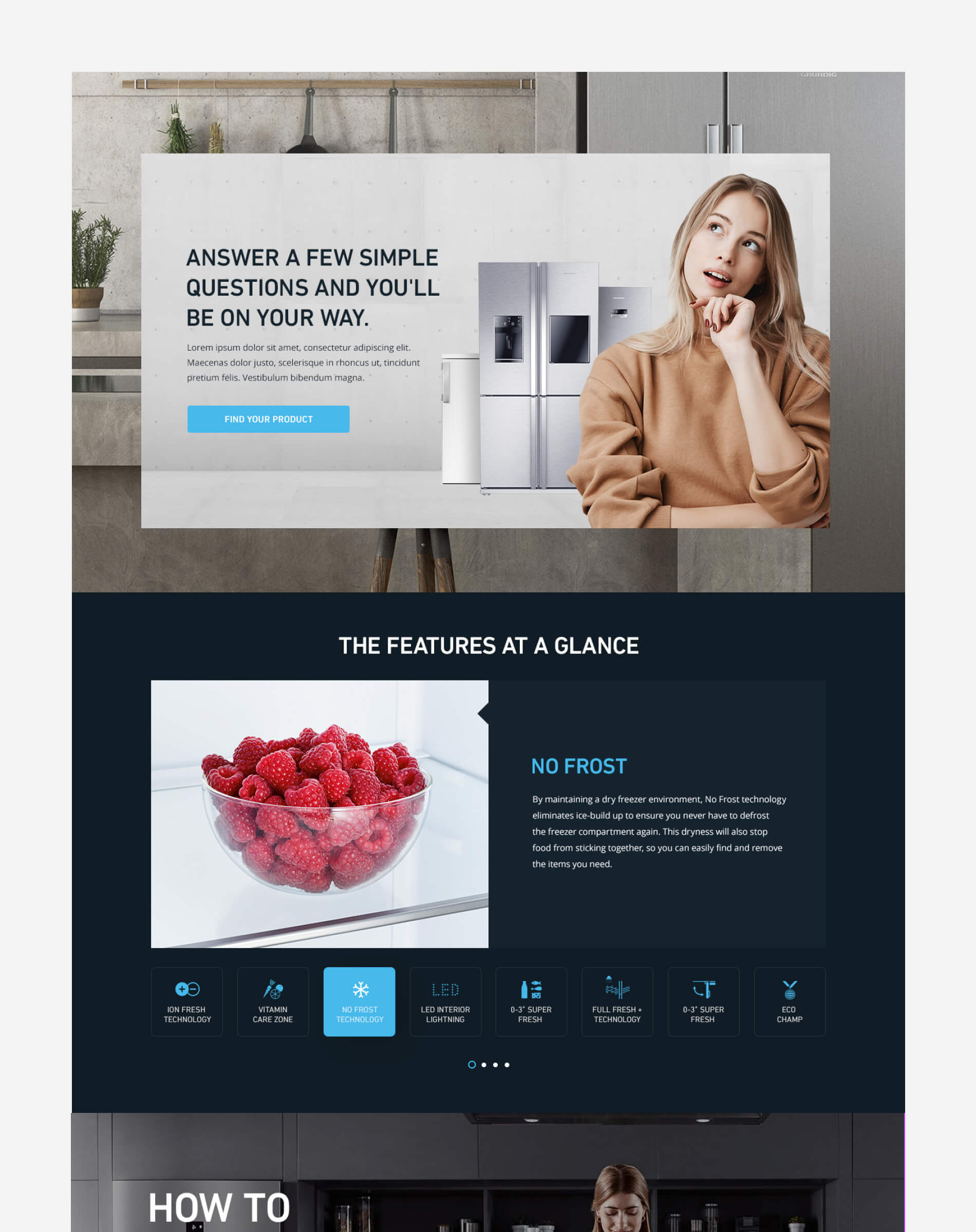 Grundig refrigerator landing page featuring smart product finder, lifestyle imagery, and highlights of No Frost technology.