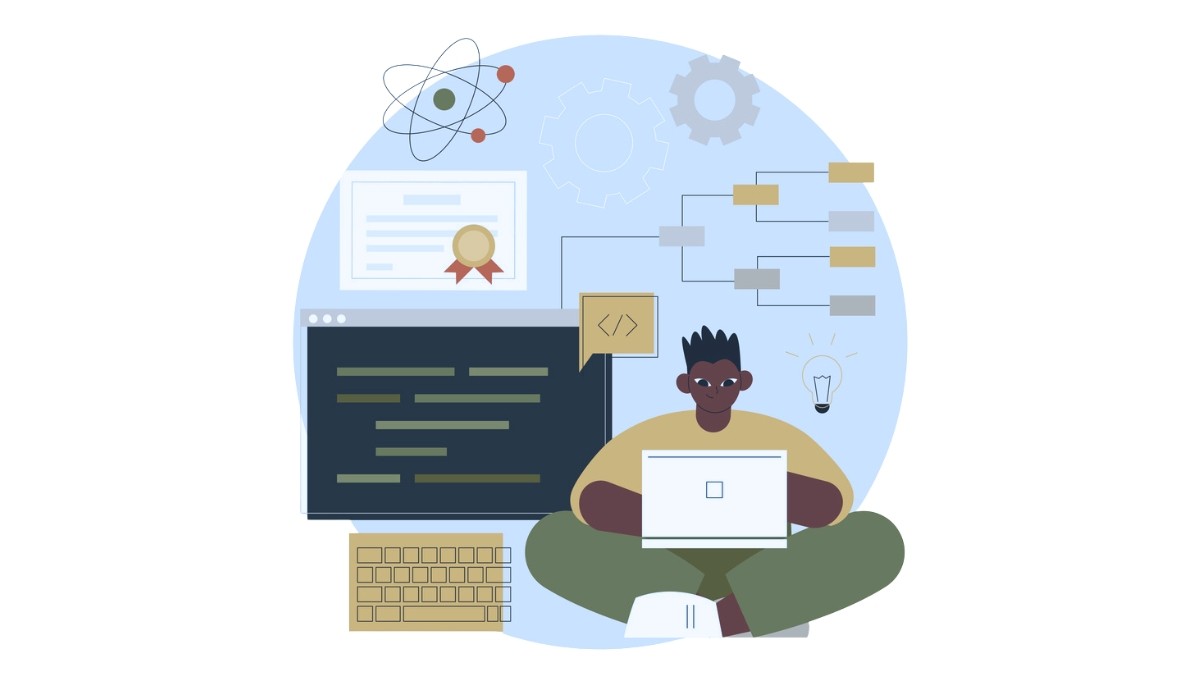 Illustration of a person learning to code with a laptop, surrounded by icons for programming, certification, innovation, and technical skills.