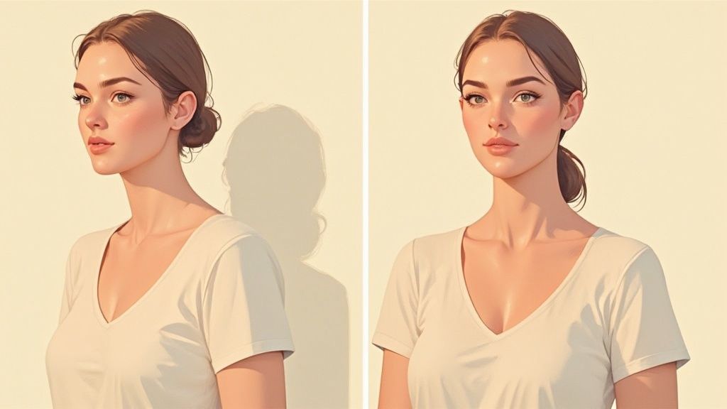 Eine Frau sitzt an einem Tisch und optimiert ihr professionelles Profilbild auf ihrem Laptop.