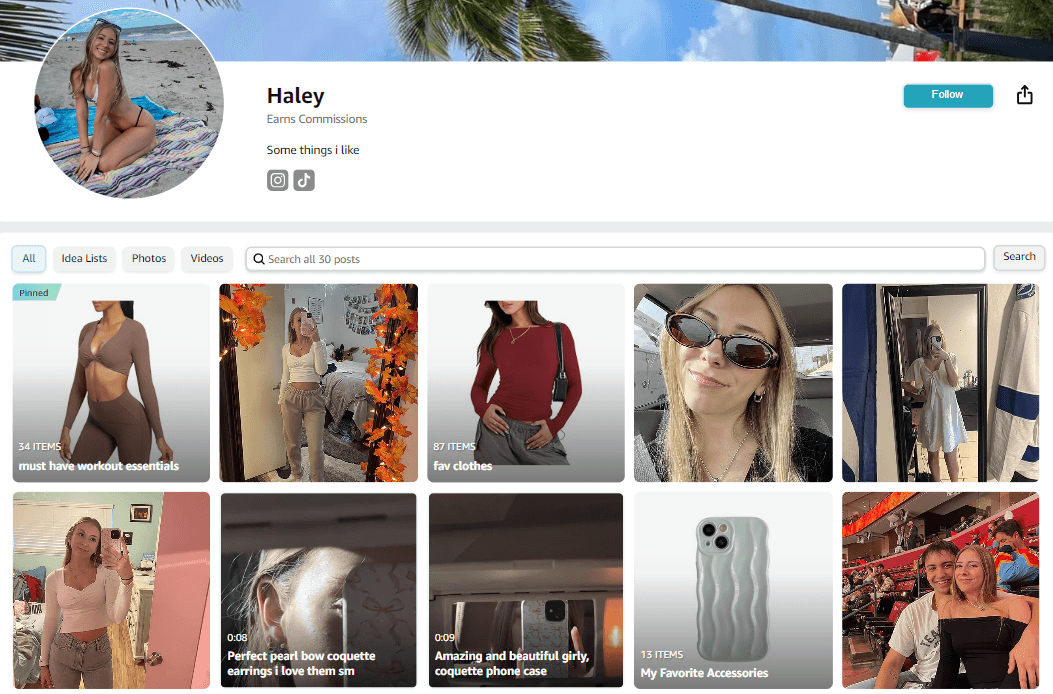 screenshot of influencer Haley’s amazon storefront