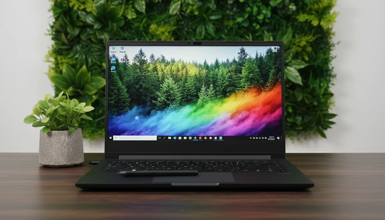 DSLR photography of a high-end matte black laptop for digital artists, centered on a dark wood desk. The open laptop displays a vibrant, colorful wallpaper of a dense forest with a bright rainbow gradient overlaying it, with a generic operating system taskbar visible at the bottom. A black digital stylus rests on the laptop's palm rest. To the left is a small plant with green leaves in a textured grey concrete pot. The background features a white wall with a lush, green artificial plant wall panel. The scene is captured with soft studio lighting, with the laptop in sharp focus and a shallow depth of field.