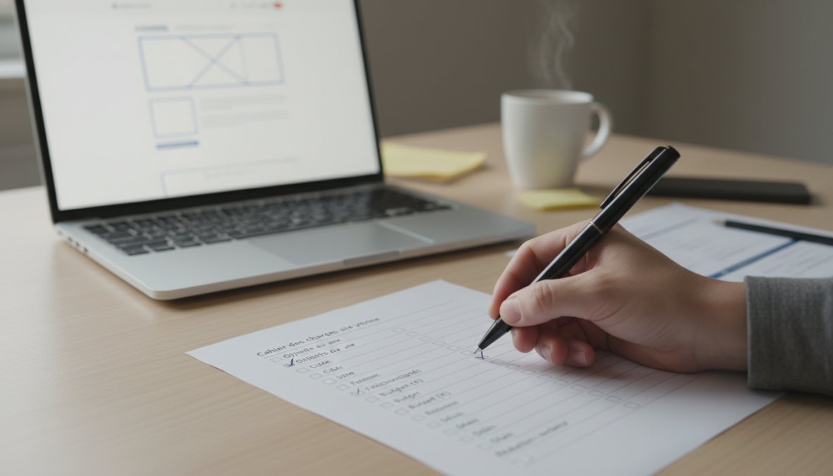 Des mains tenant un stylo et cochant des cases sur une feuille de checklist posée sur un bureau en bois, avec un ordinateur portable ouvert en arrière-plan affichant une maquette de site web en noir et blanc, lumière naturelle provenant d'une fenêtre