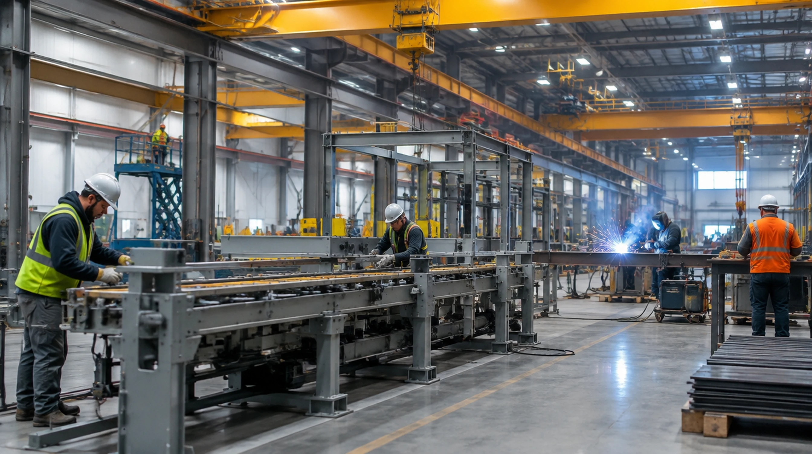 Workers installing a new clean energy production line inside a high-bay factory