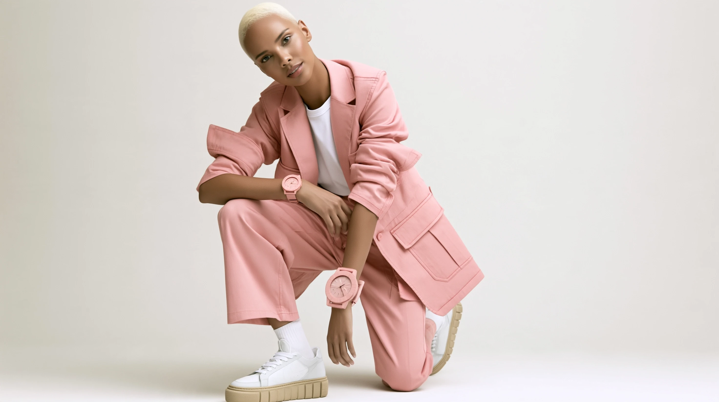 Kneeling model in a pink suit with matching watches and white sneakers on a pale background.