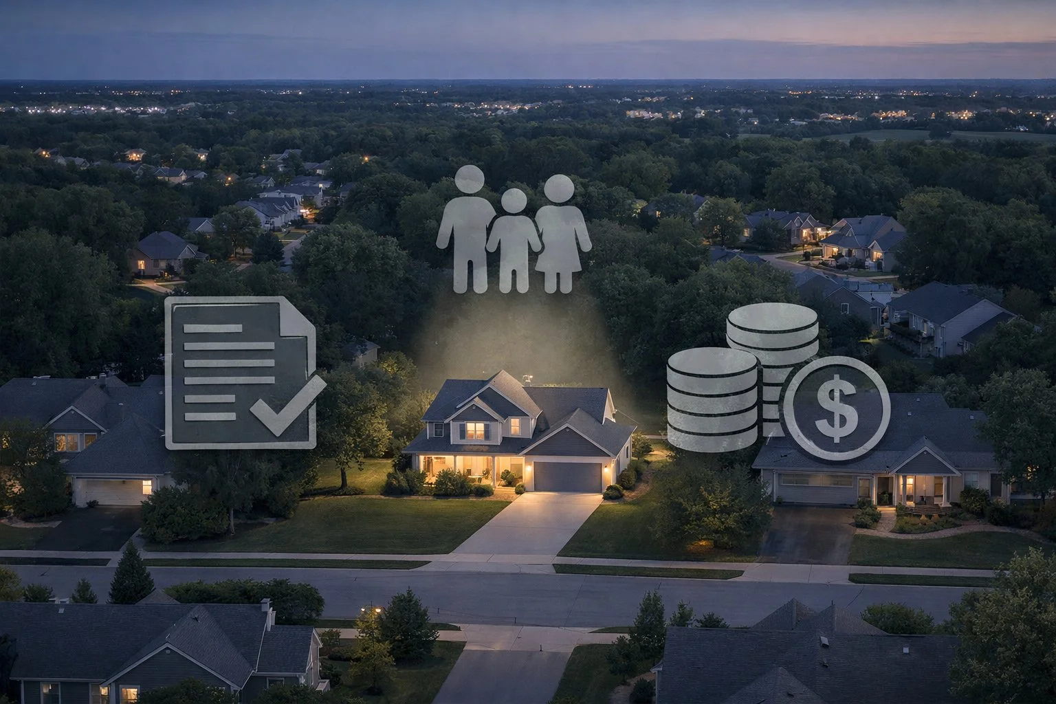 Calm aerial view of a neighborhood with one house highlighted, surrounded by faint icons of documents, family, and coins, symbolizing balanced decisions about home, finances, and heirs.