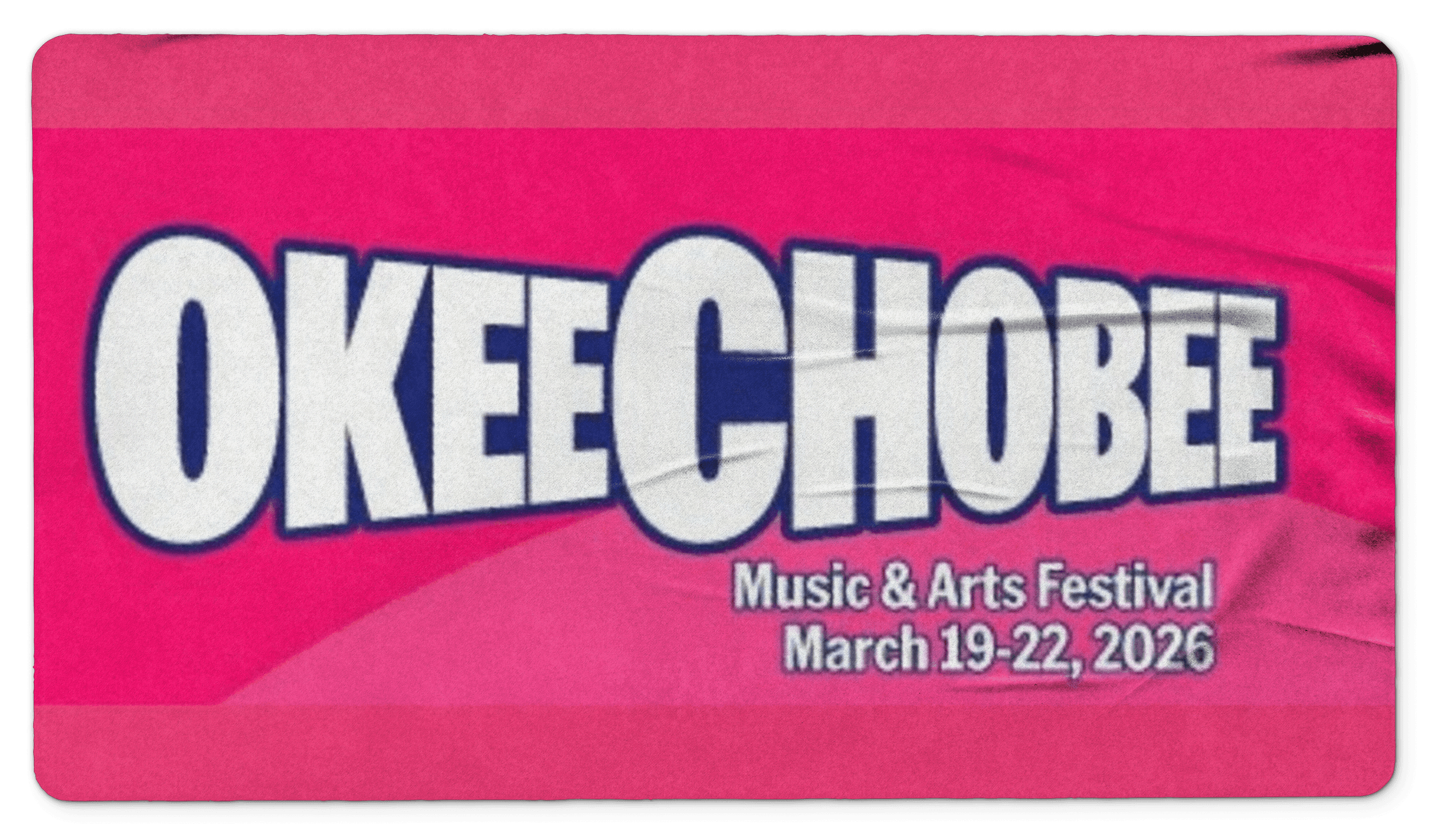 A vibrant pink logo featuring the word "Okeechobee" prominently displayed in bold white letters.