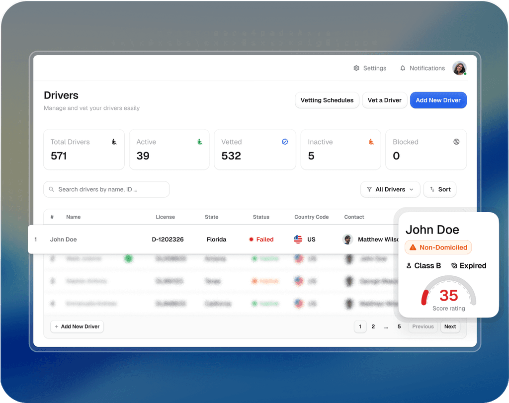 Indemni CDL verification tool automatically validating compliance, insurance, and carrier credentials for solo and team drivers.