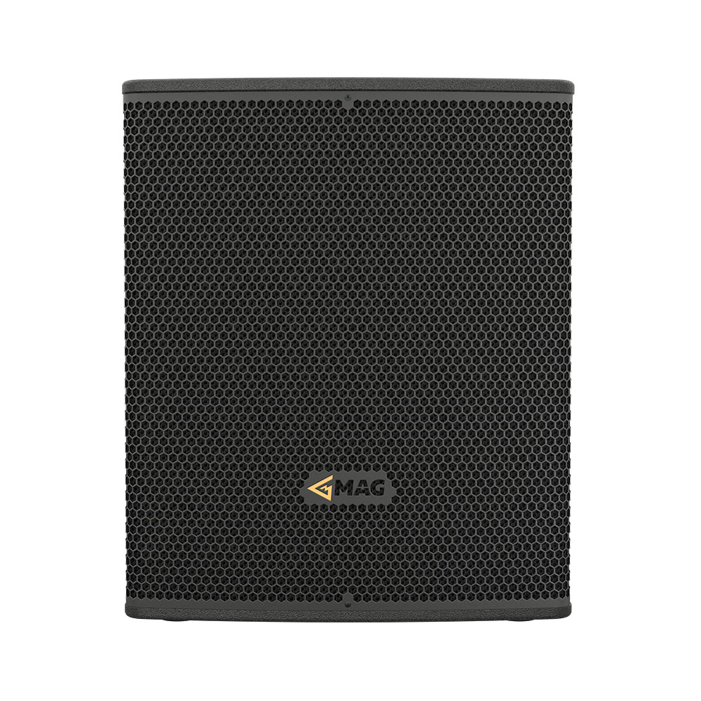 Black speaker with honeycomb grill and MAG logo.