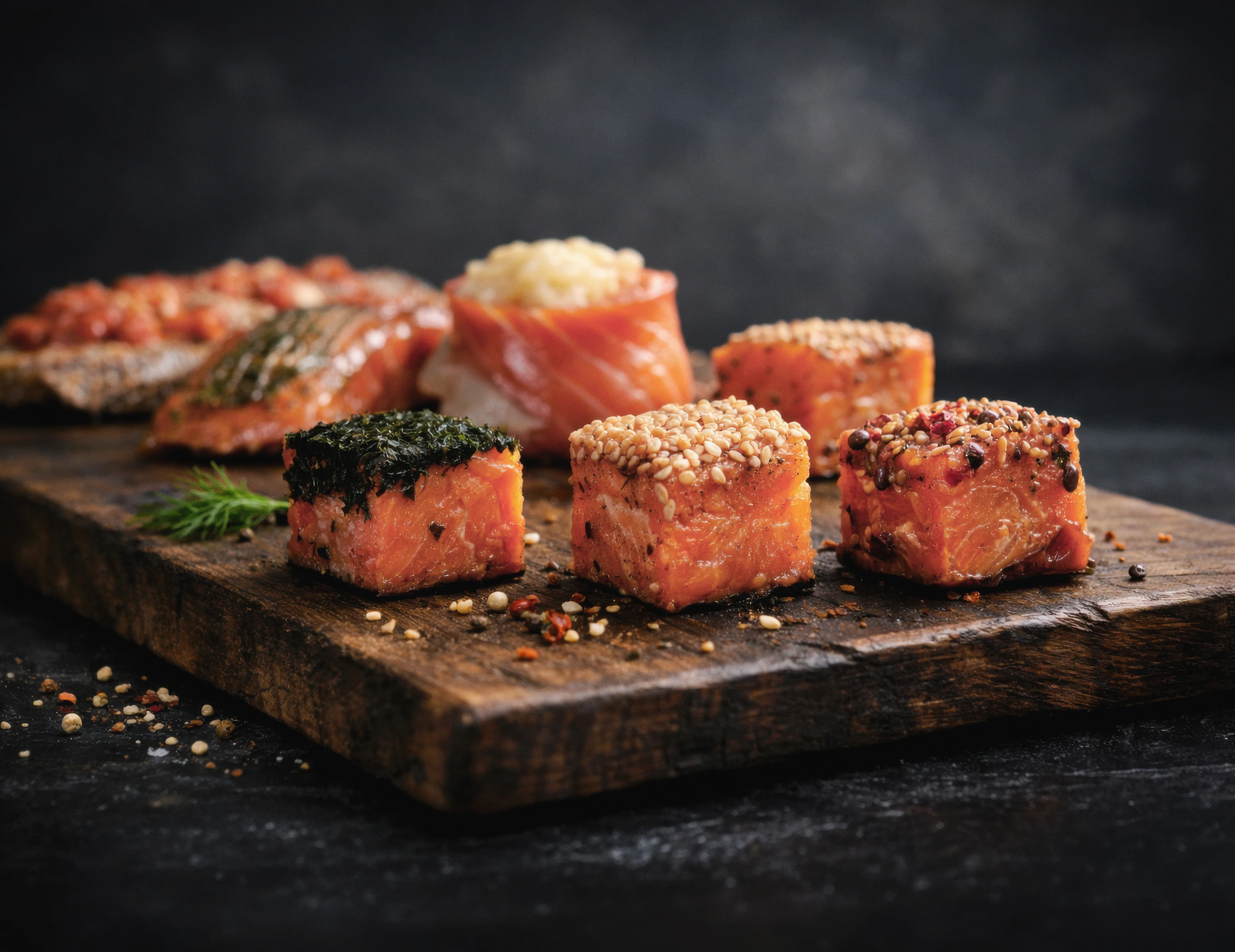 Sandelmann Fischpralinen mit verschiedenen Toppings – Sesam, Nori und Pfeffergewürzen auf Holzbrett