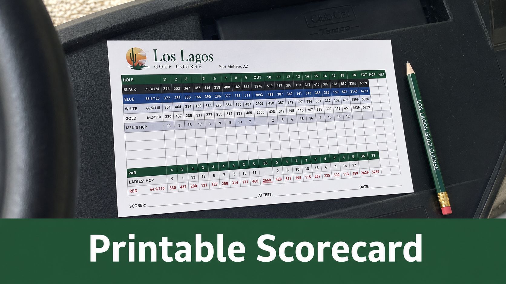 A blank Los Lagos Golf Course scorecard on a black cart dashboard next to a golf pencil.